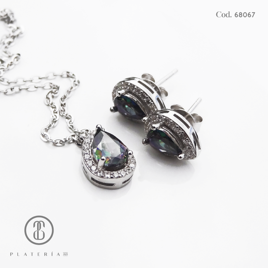 JUEGO RODINADO GOTA TORNASOL CIERRE BOLITA PLATA.925