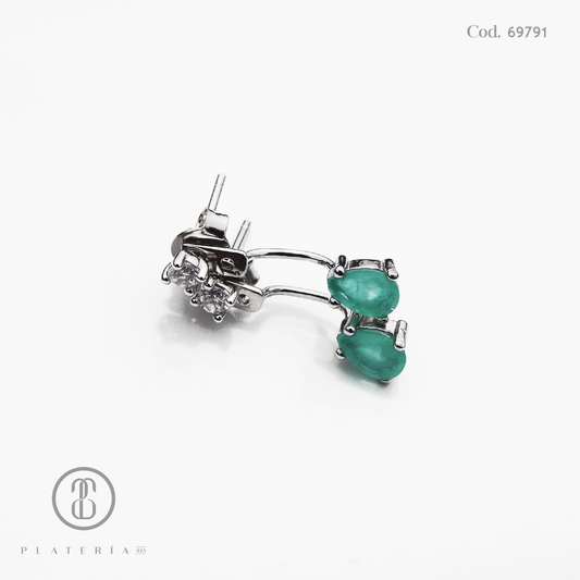 ARETE RODINADO DOBLE GOTA ZIRCON COLOR ESMERALDA PLATA.925