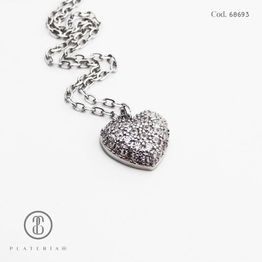 JUEGO RODINADO CORAZON PAVE PLATA.925