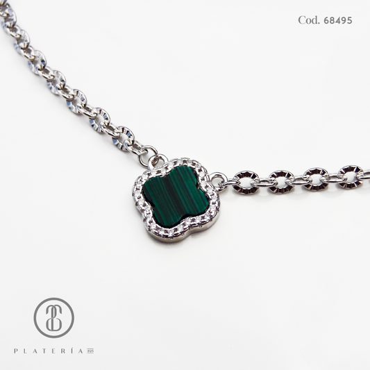 GARGANTILLA RODINADA TREBOL MALAQUITA DIAMANTADA PLATA.925