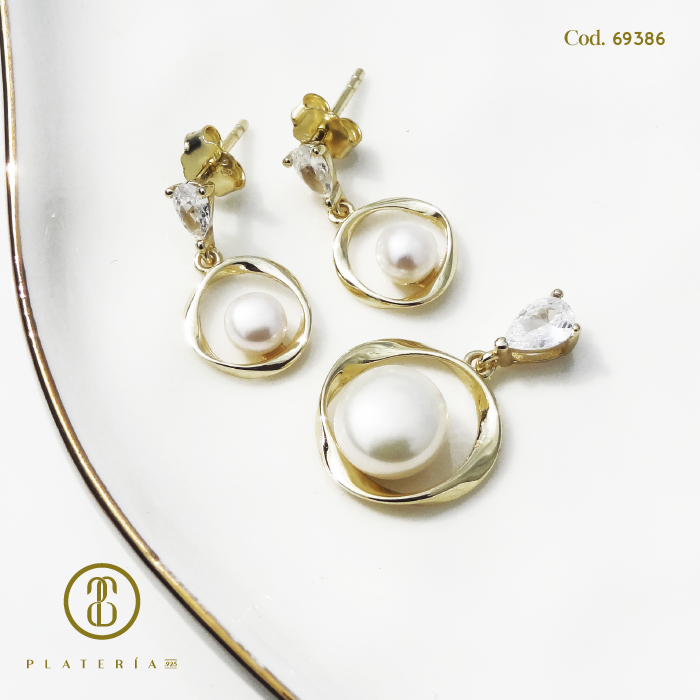 JUEGO DORADO BAÑO 14K PERLA CULTIVADA PLATA.925