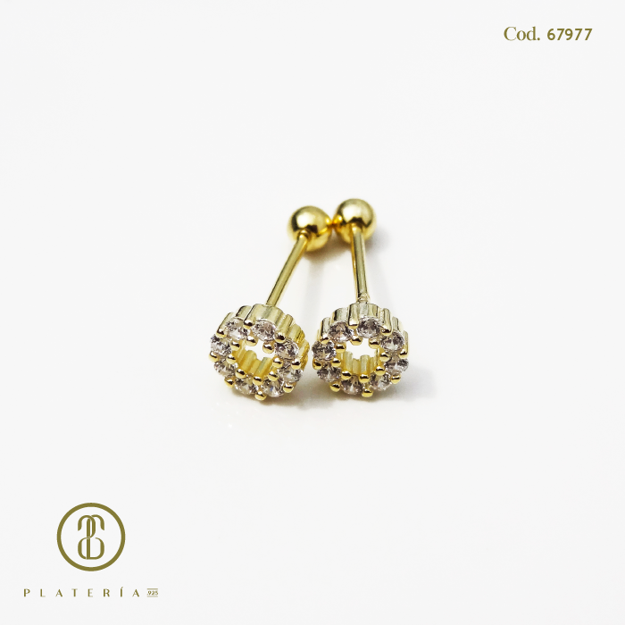 ARETE DORADO BAÑO 14K FLOR ZIRCON CIERRE BOLITA PLATA.925