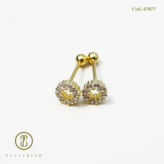 ARETE DORADO BAÑO 14K FLOR ZIRCON CIERRE BOLITA PLATA.925