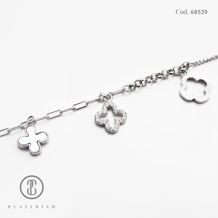 PULSERA RODINADA TREBOL 17*3CM PLATA.925