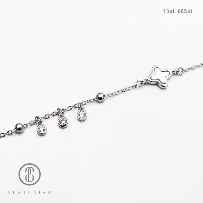 PULSERA RODINADA TREBOL NACAR 17*3CM PLATA.925