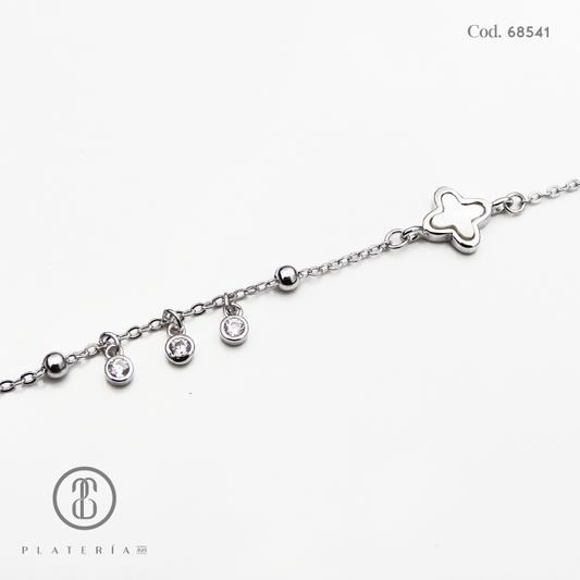PULSERA RODINADA TREBOL NACAR 17*3CM PLATA.925