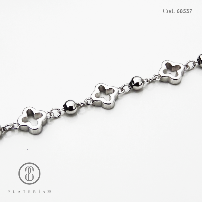 PULSERA RODINADA TREBOL 17*3CM PLATA.925