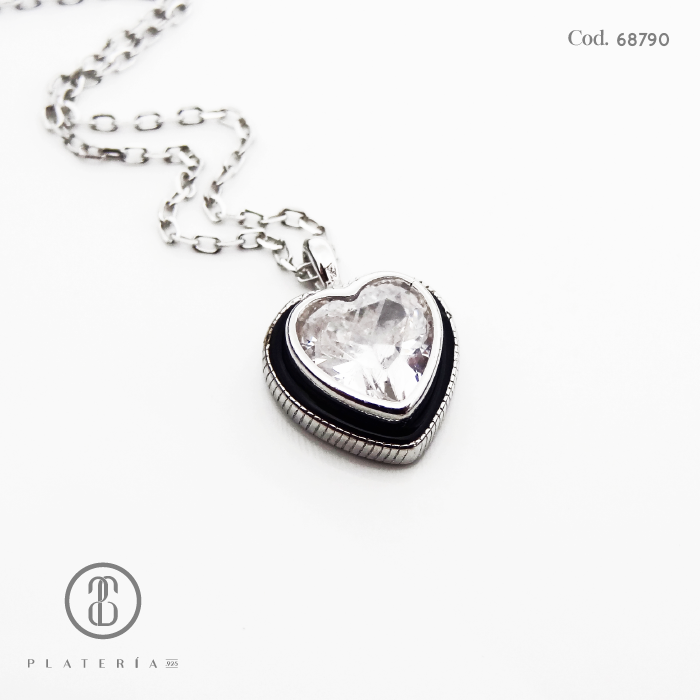 GARGANTILLA RODINADA CORAZON BORDE NEGRO PLATA.925