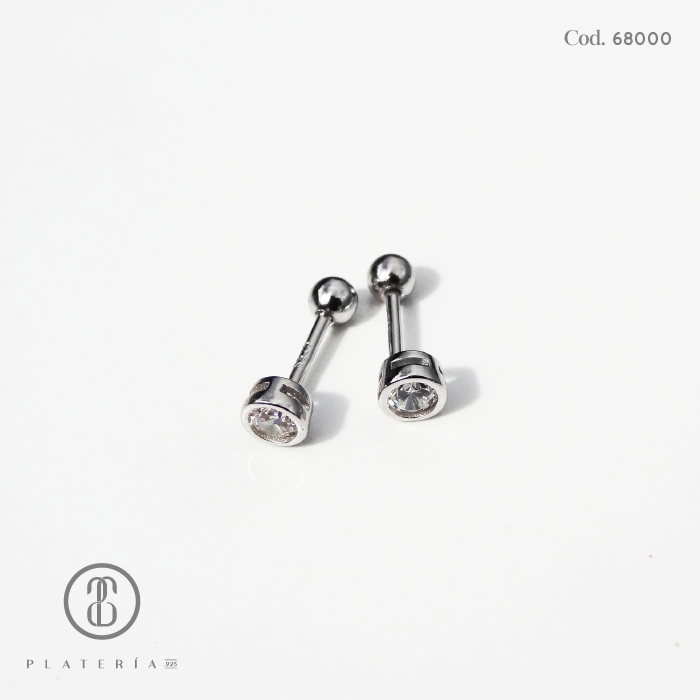 ARETE RODINADO BISELADO 4MM CIERRE BOLITA PLATA.925