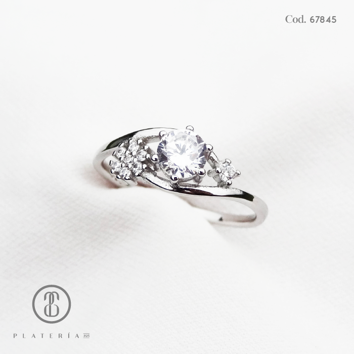ANILLO RODINADO COMPROMISO Y FLOR PLATA.925