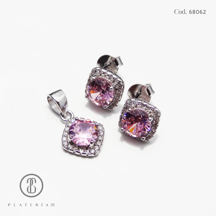 JUEGO RODINADO ZIRCON ROSADO PLATA.925