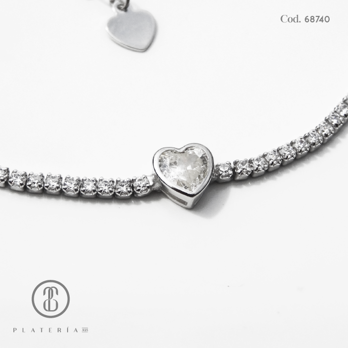 PULSERA RODINADA TENNIS CORAZON PLATA.925