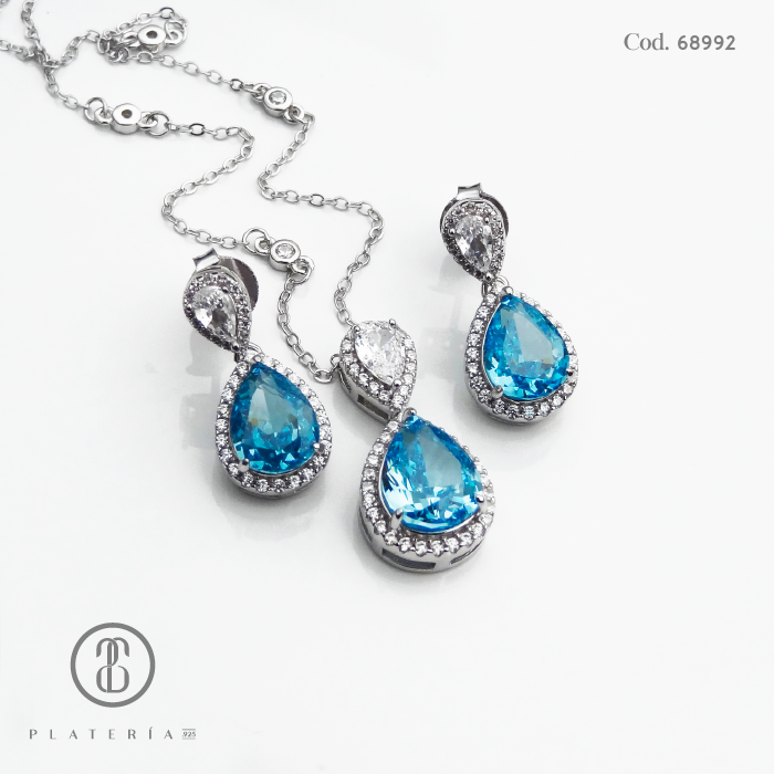 JUEGO RODINADO GOTA ZIRCON CELESTE PLATA.925