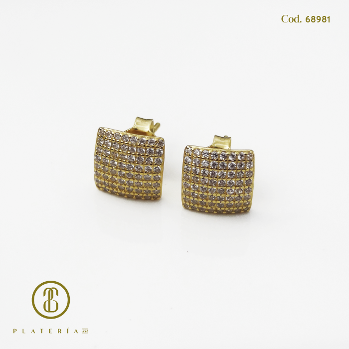 ARETE DORADO BAÑO 14K CUADRITO PAVE PLATA.925