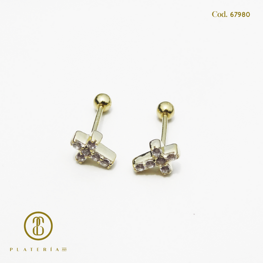 ARETE DORADO BAÑO 14K CRUZ CIERRE DE BOLITA PLATA.925