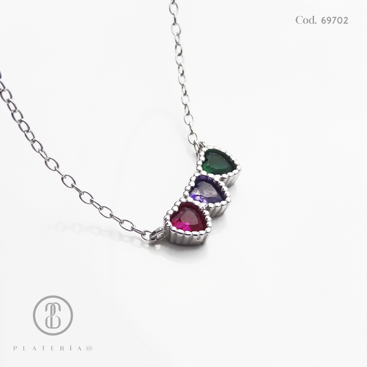GARGANTILLA RODINADA 3 CORAZONES DE COLORES PLATA.925
