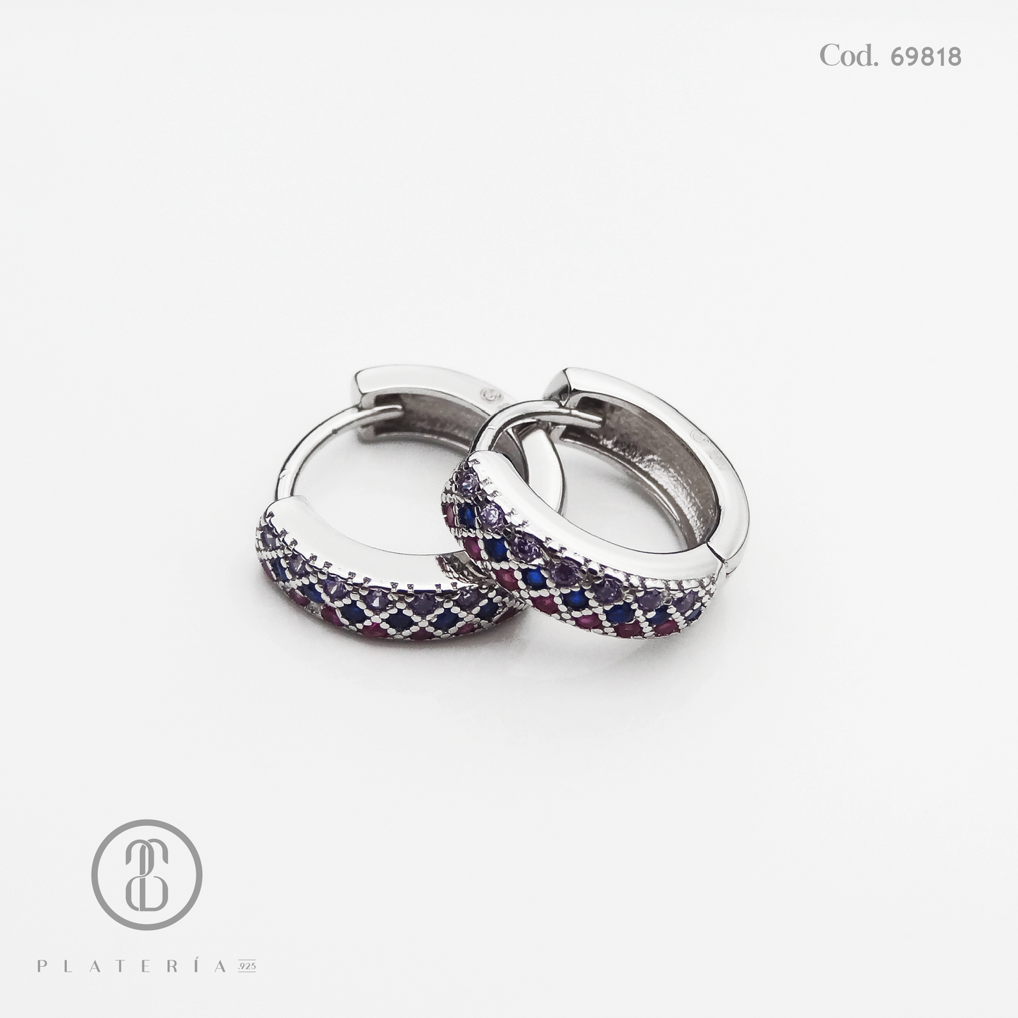 HUGGIE RODINADO PAVE COLORES 16MM PLATA.925