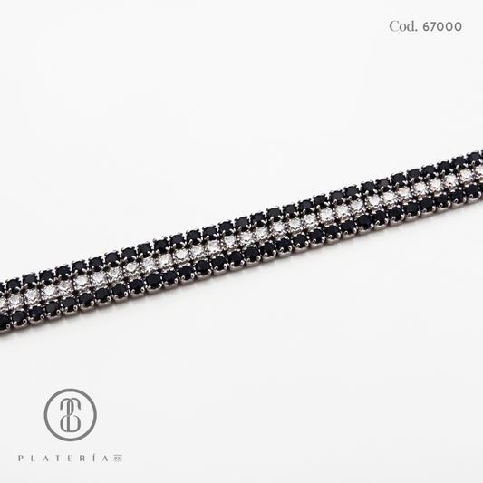 PULSERA RODINADA ZIRCONES NEGRO Y BLANCO PLATA.925