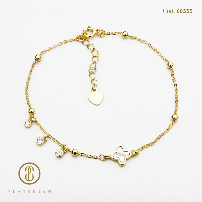 PULSERA DORADA BAÑO 14K TREBOL 17*3CM NACAR PLATA.925
