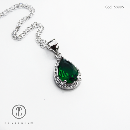 JUEGO RODINADO GOTA ZIRCON VERDE PLATA.925
