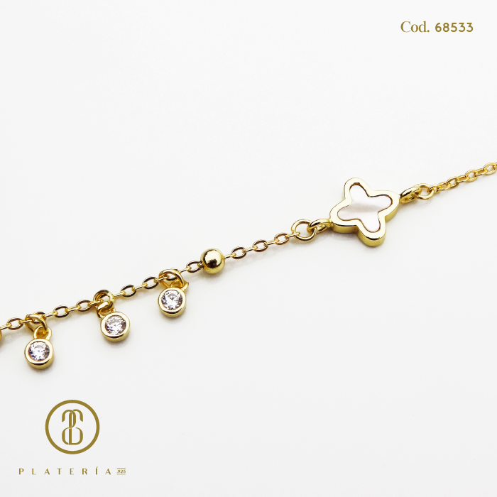 PULSERA DORADA BAÑO 14K TREBOL 17*3CM NACAR PLATA.925