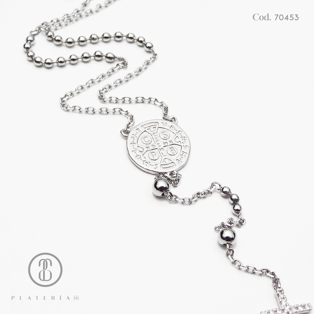 ROSARIO RODINADO SAN BENITO 45*3CM ZIRCON PLATA.925