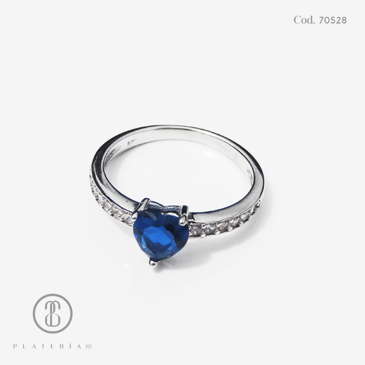 ANILLO RODINADO CORAZON AZUL PLATA.925