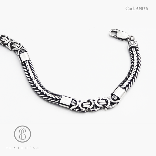 PULSERA TRENZADA Y ESLABONES 19CM OXIDADA PLATA.925