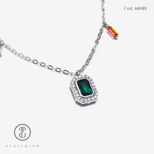 JUEGO RODINADO COLORES Y CUADRITO VERDE ZIRCON PLATA.925