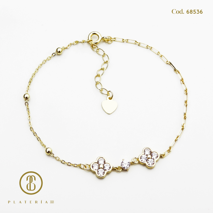 PULSERA DORADA BAÑO 14K TREBOL 17*3CM PLATA.925