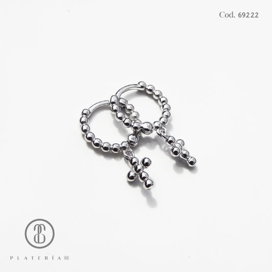 HUGGIE RODINADO BOLITAS CON DIJE CRUZ 11MM PLATA.925