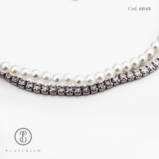 PULSERA RODINADA 17*3CM DOBLE ZIRCON Y PERLA PLATA.925