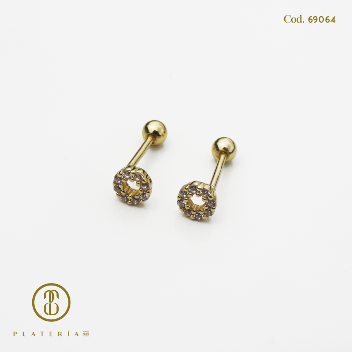 ARETE DORADO BAÑO 14K CIERRE BOLITA CIRCULO ZIRCON PLATA.925