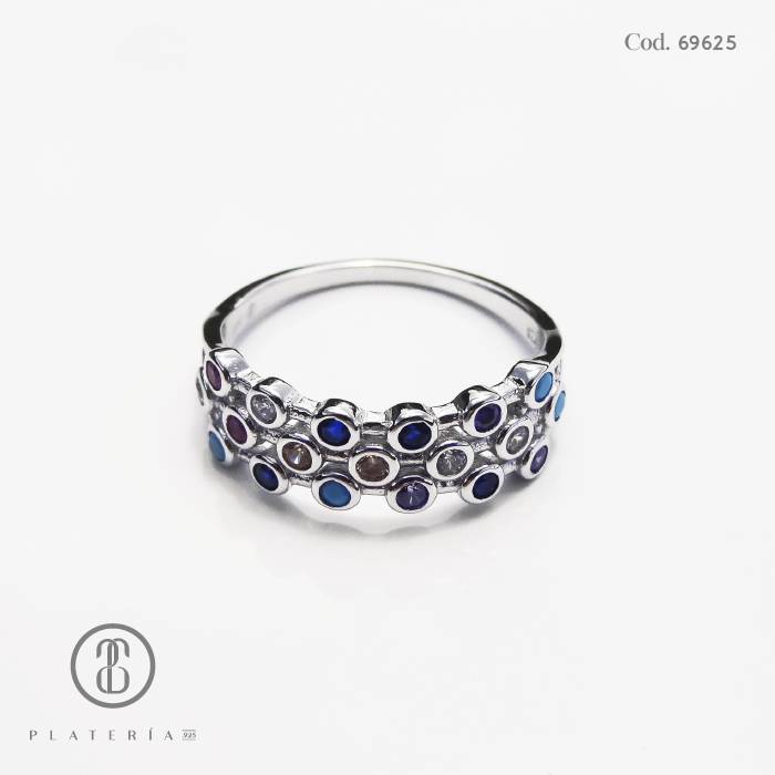 ANILLO RODINADO CIRCON COLORES BISELADOS PLATA.925