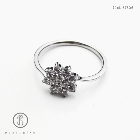 ANILLO RODINADO FLOR ZIRCON PLATA.925