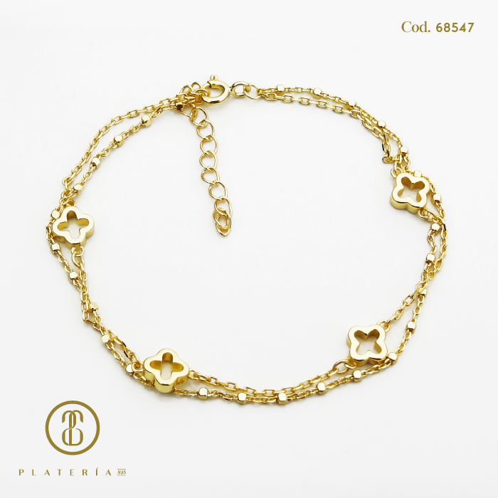 PULSERA DORADA BAÑO 14K TREBOL 17*3CM PLATA.925