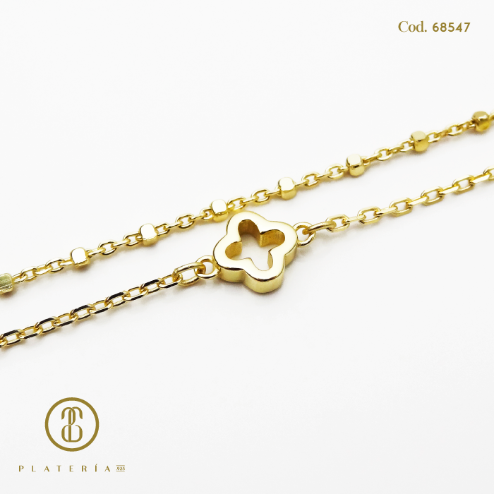 PULSERA DORADA BAÑO 14K TREBOL 17*3CM PLATA.925