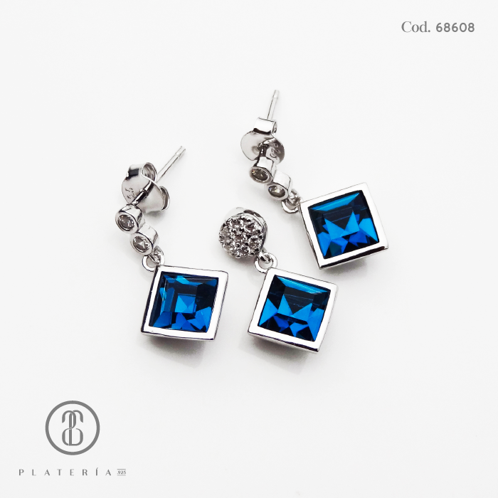 JUEGO RODINADO ROMBO AZUL PLATA.925