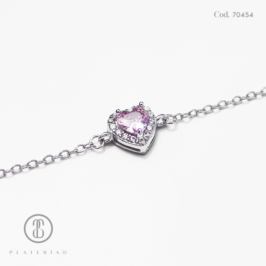 PULSERA RODINADA CORAZON ZIRCON ROSA PLATA.925