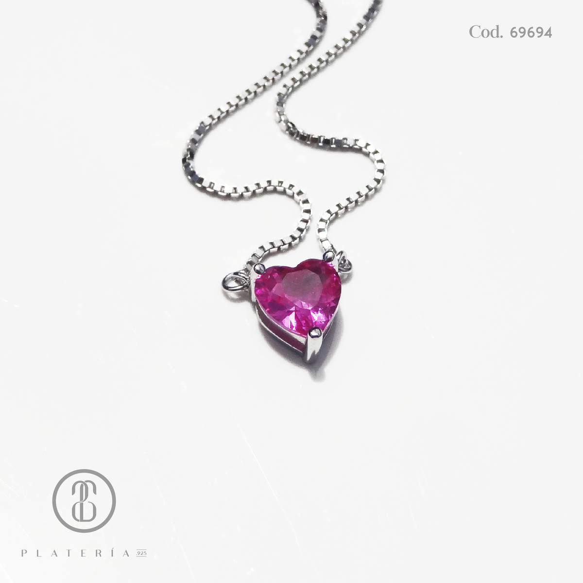 GARGANTILLA RODINADA CORAZON FUCSIA 6MM PLATA.925