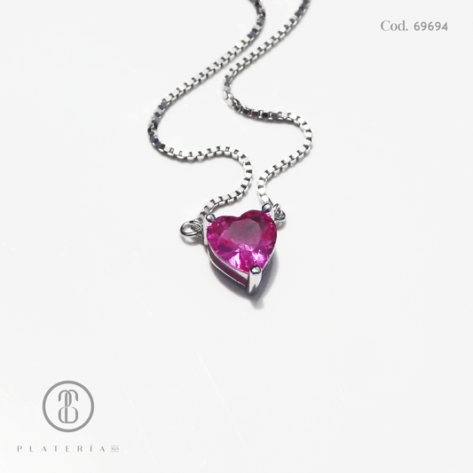 GARGANTILLA RODINADA CORAZON FUCSIA 6MM PLATA.925