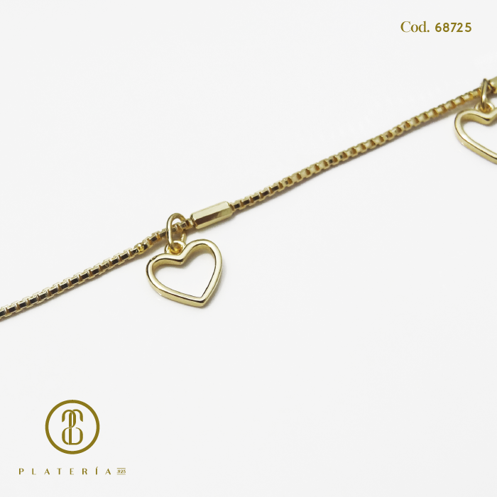 PULSERA DORADA BAÑO14K CORAZONES PLATA.925