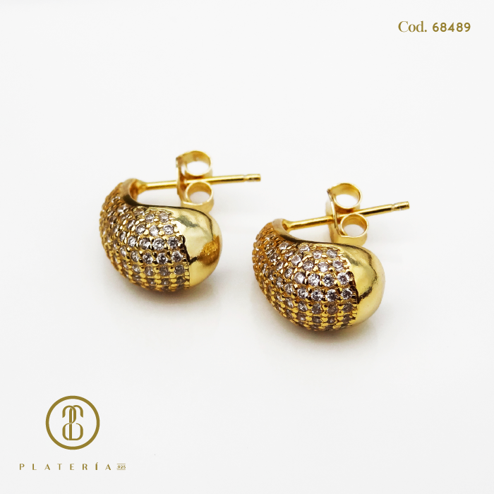ARETE GOTA CON ZIRCON 14MM DORADO BAÑO 14K PLATA.925