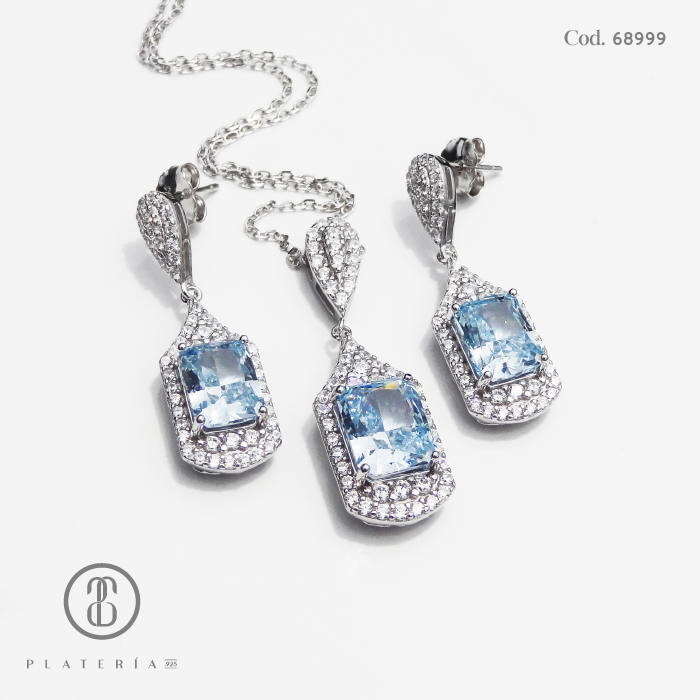 JUEGO RODINADO ZIRCON CELESTE Y BLANCO PLATA.925