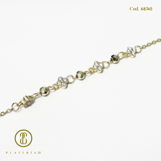 PULSERA DORADA BAÑO 14K TREBOL ZIRCON PLATA.925