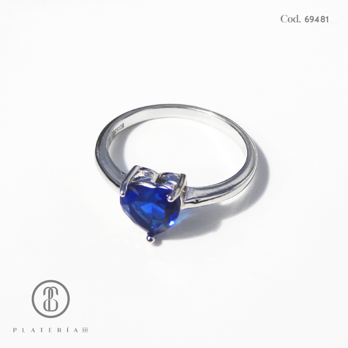 ANILLO RODINADO CORAZON AZUL PLATA.925