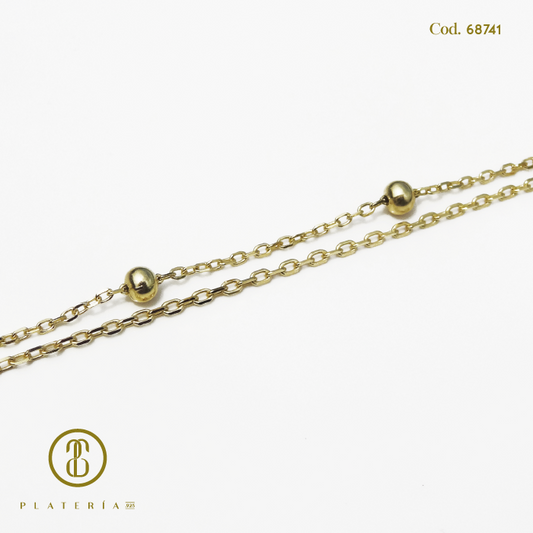 PULSERA DORADA BAÑO 14K DOBLE BOLITAS PLATA.925