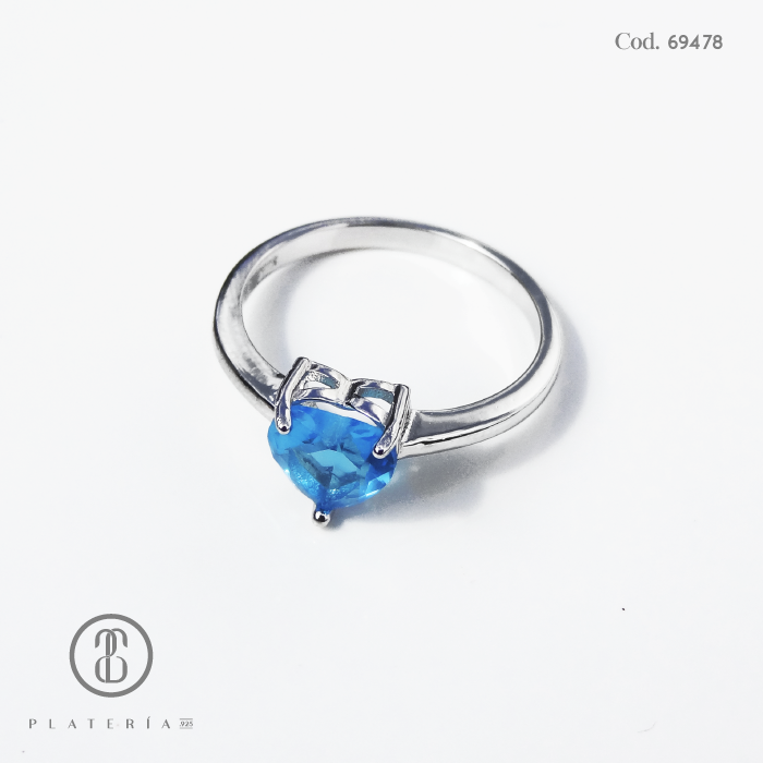 ANILLO RODINADO CORAZON AGUAMARINA PLATA.925