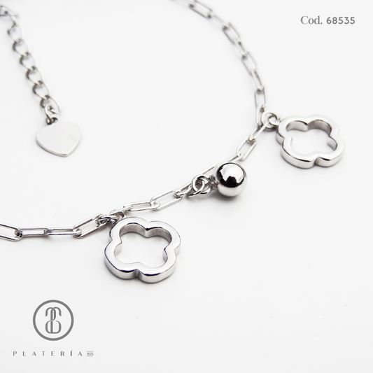 PULSERA RODINADA TREBOL 17*3CM PLATA.925