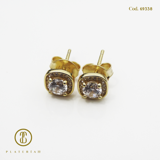 ARETE DORADO BAÑO 14K CUADRITO ZIRCON PLATA.925